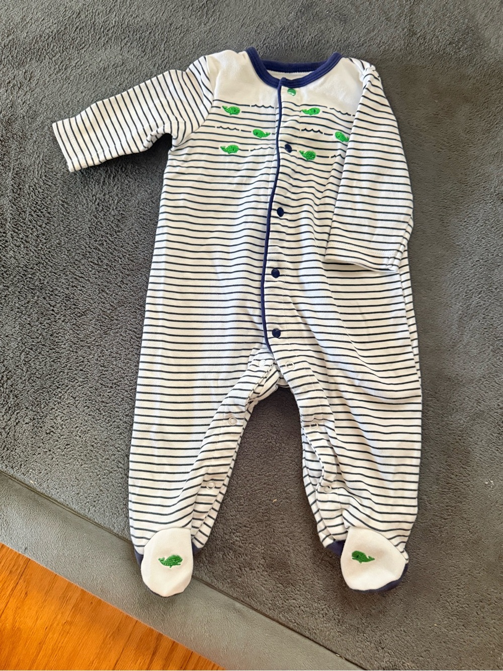Little Me Navy & White Striped Footed One-Piece with Green Turtles